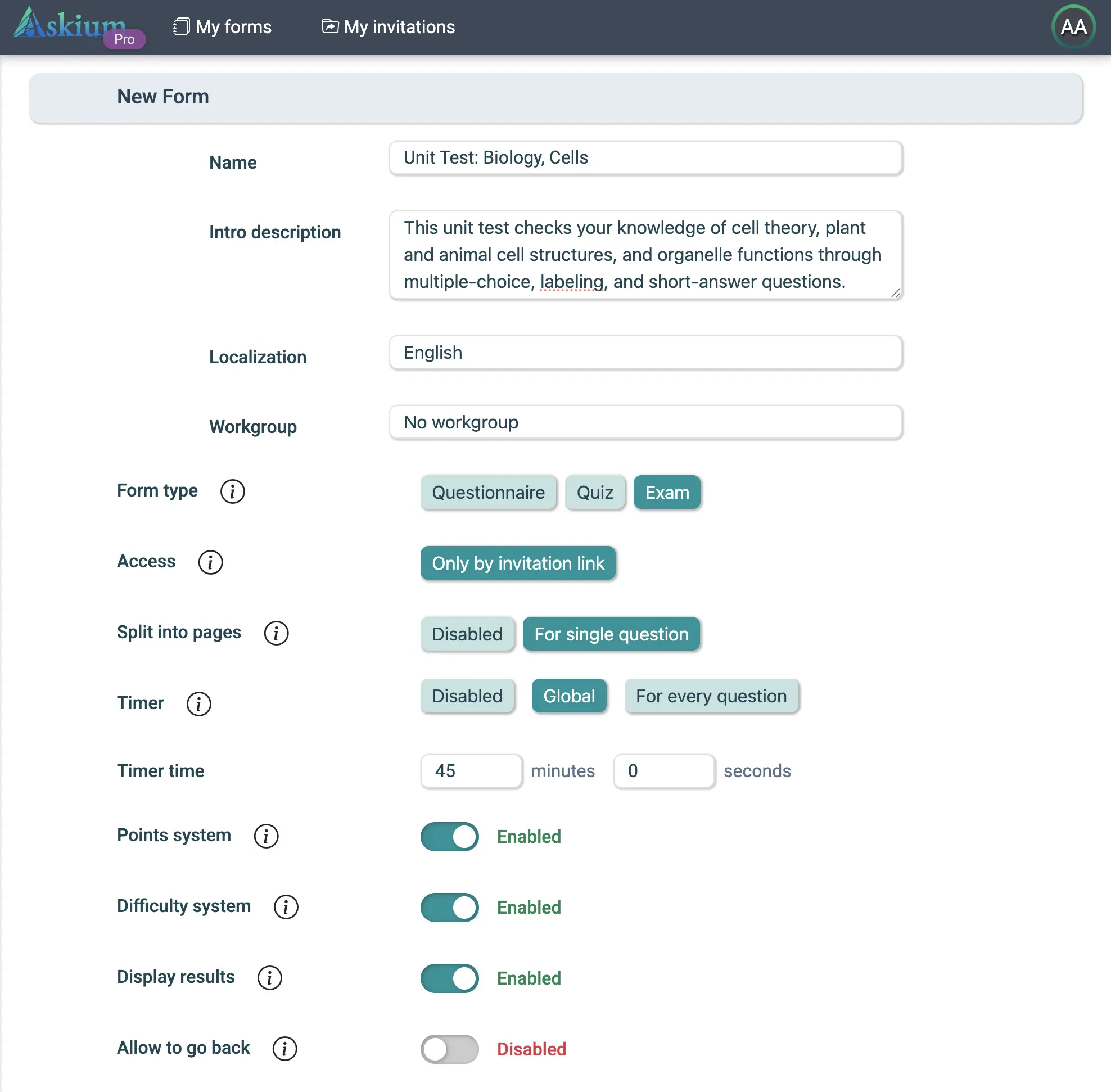 Form creation window