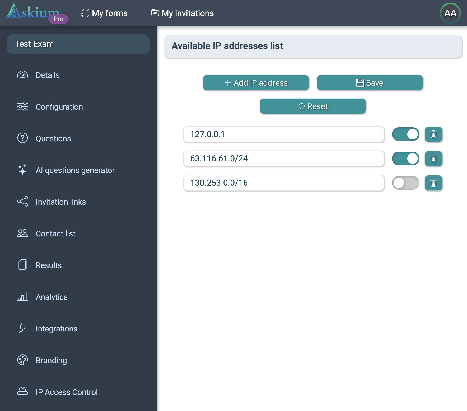 List of allowed IP addresses