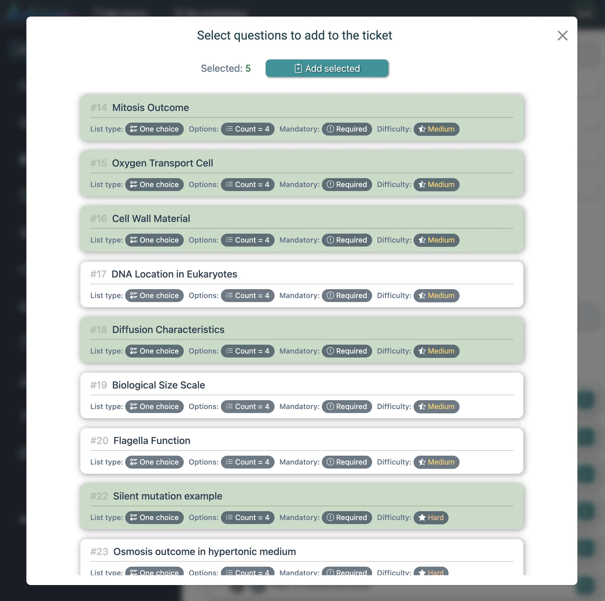 Manually selecting questions for a ticket