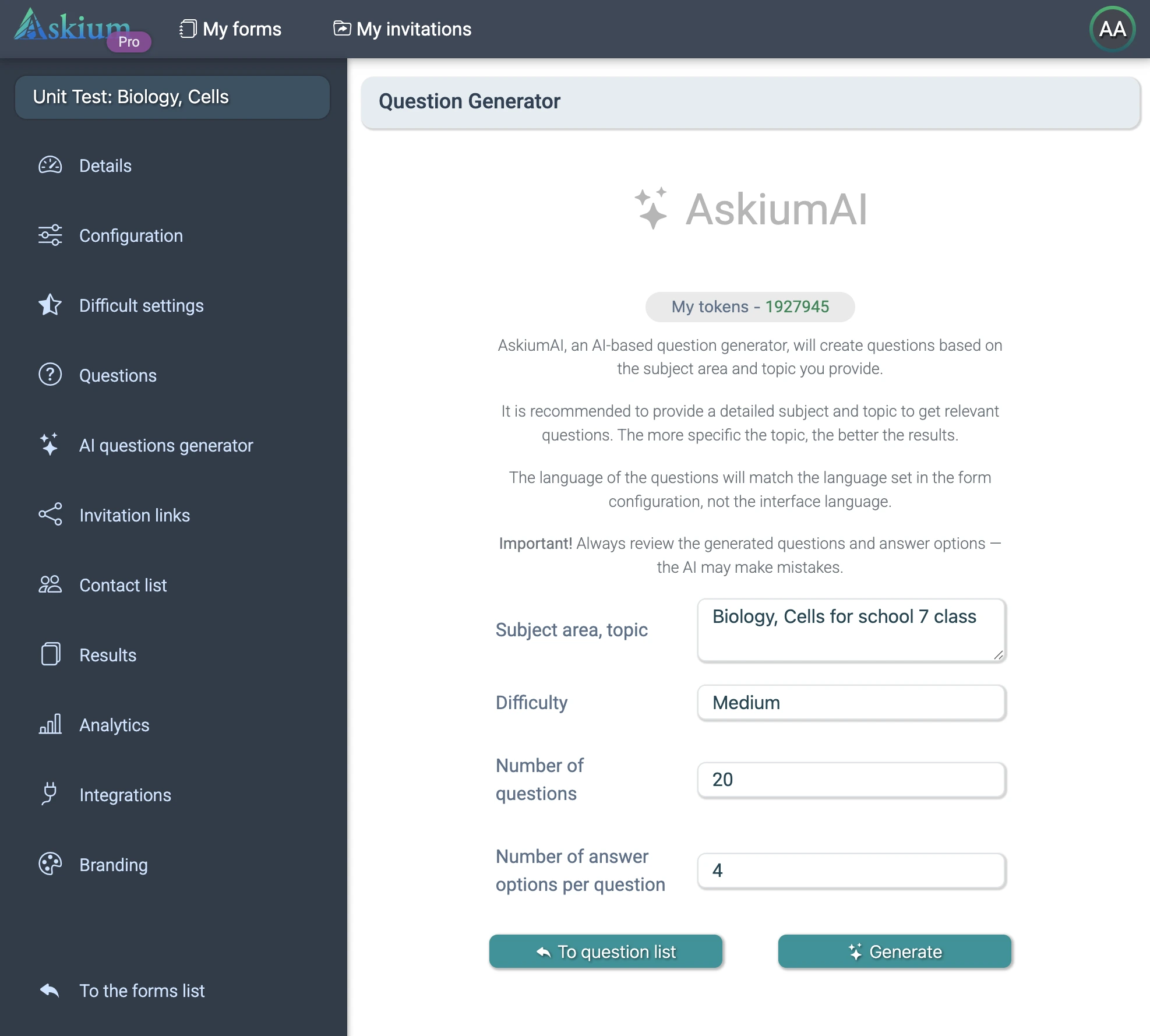 AI question generator interface