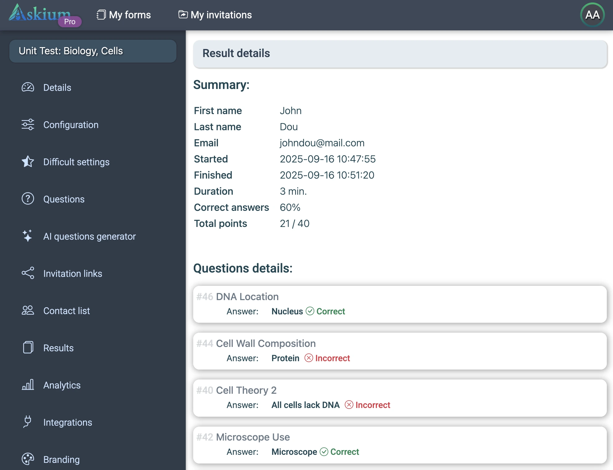 Detailed result view